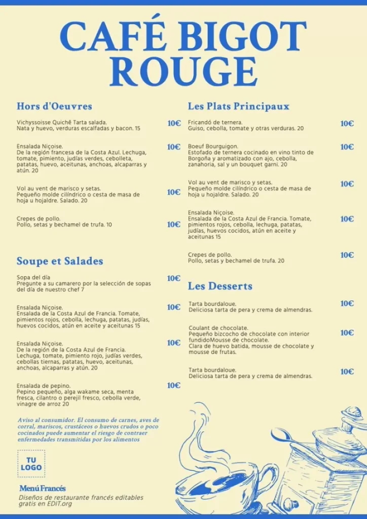Qué pedir en un restaurante tradicional francés 1 Cartas de menús de restaurantes franceses gratis